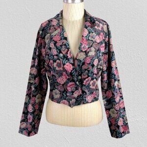 Floral Corduroy Short Blazer Jacket Cotton Black Pink Flowers Vintage 1980